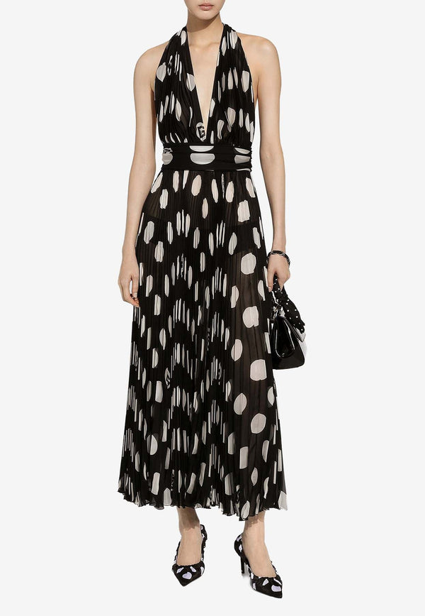 Polka Dot Print Pleated Chiffon Midi Dress