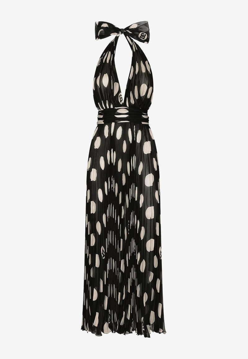 Polka Dot Print Pleated Chiffon Midi Dress