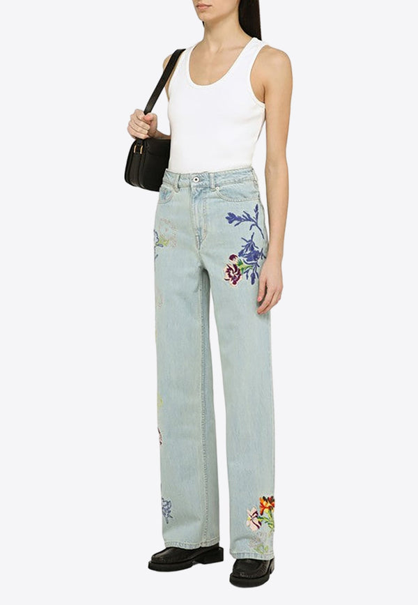 Flower Embroidered Straight-Leg Jeans
