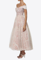 Off-Shoulder Jacquard Chiffon and Tulle Gown