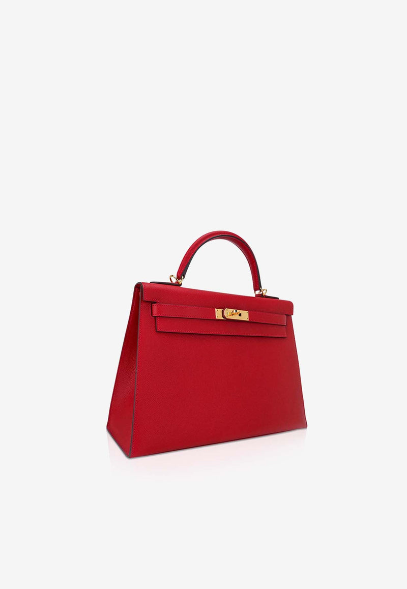 Kelly 32 Sellier in Rouge Casaque Epsom Leather with Gold Hardware