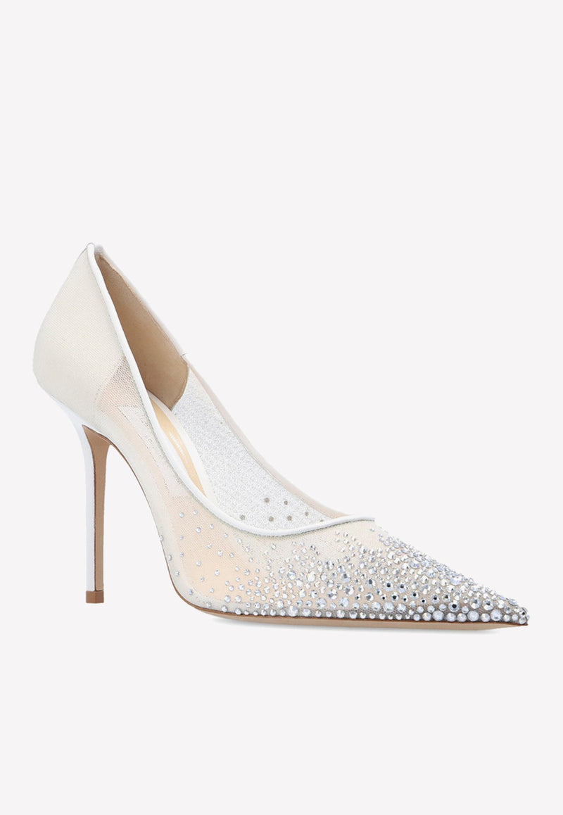 Love 100 Crystal-Embellished Mesh Pumps