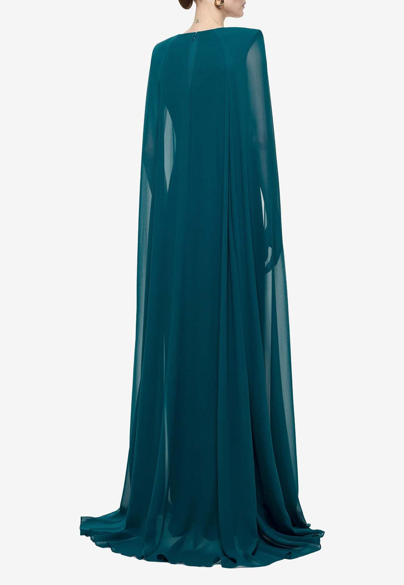 Cape-Sleeved Crepe Gown