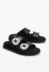 Slidy Viv' Crystal Buckle Leather Mules