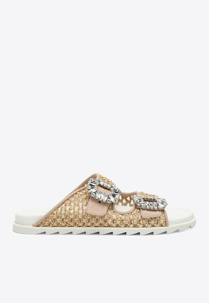 Raffia Slidy Viv' Rhinestone Buckle Slides