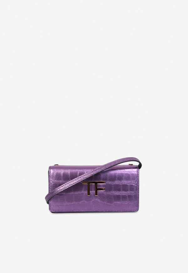 Mini TF Shoulder Bag in Metallic Croc Embossed Leather