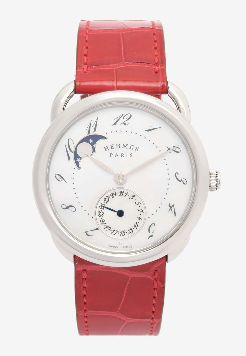 Large Arceau Petite Lune 38mm Watch in Shiny Red Alligator Single Tour Strap