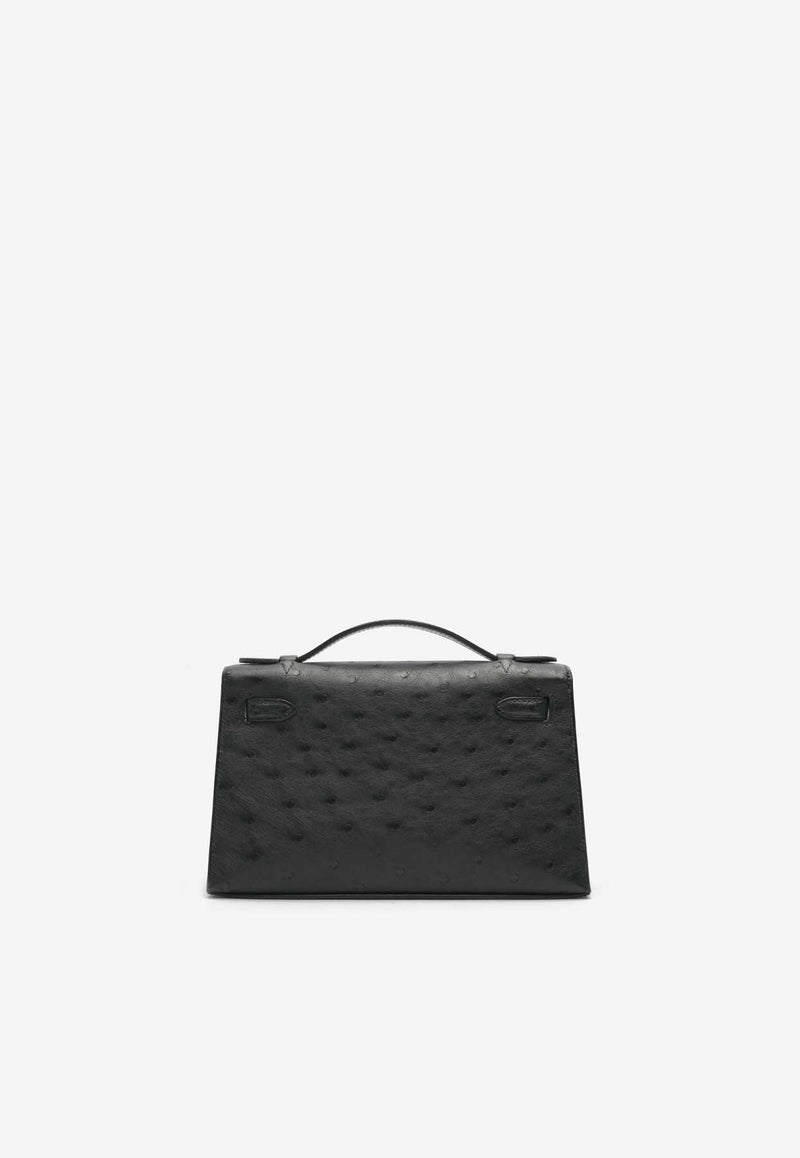 Kelly Pochette Clutch Bag in Black Ostrich Leather with Gold Hardware