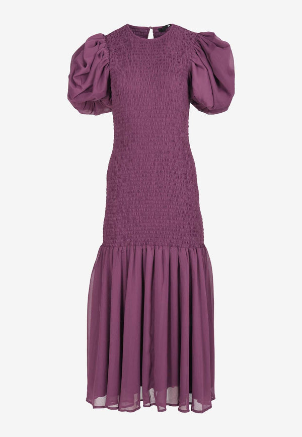 Puff-Sleeved Shirred Chiffon Midi Dress