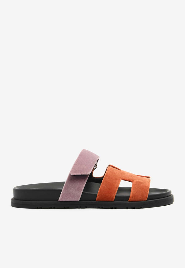 Chypre Sandals in Orange Canyon and Bruyere Velvet