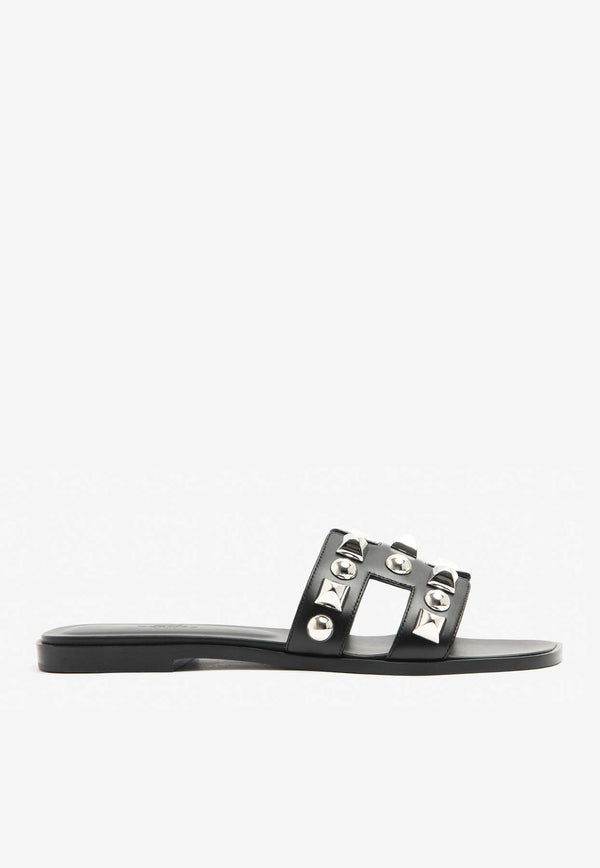 Oran H Cut-Out Sandals in Black Calfskin and Medor Studs