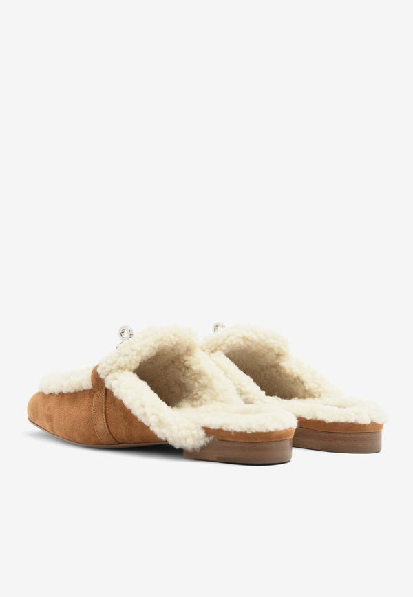 Oz Flat Mules in Naturel Suede and Shearling with Palladium Kelly Buckle