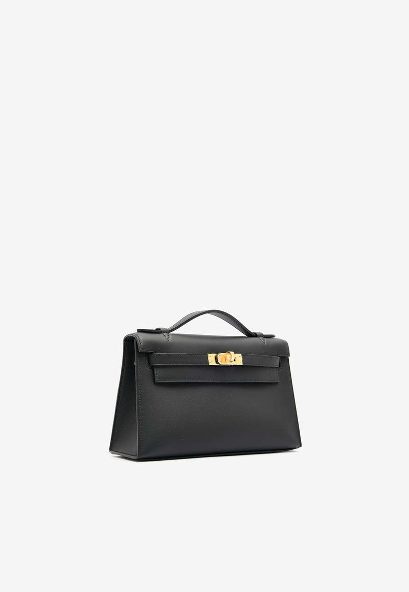 Kelly Pochette Clutch Bag in Black Swift Leather with Gold Hardware