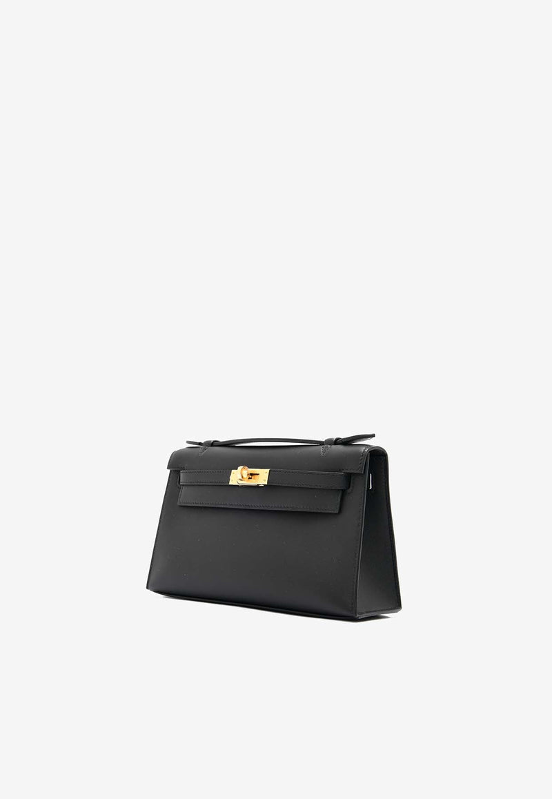 Kelly Pochette Clutch Bag in Black Swift Leather with Gold Hardware