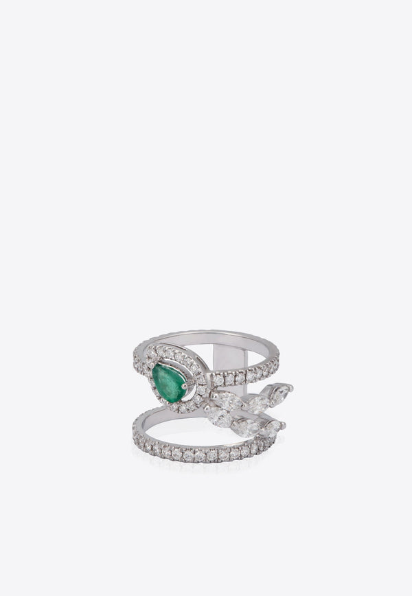 Dual-Band Ring in White Gold, Diamonds and Emerald