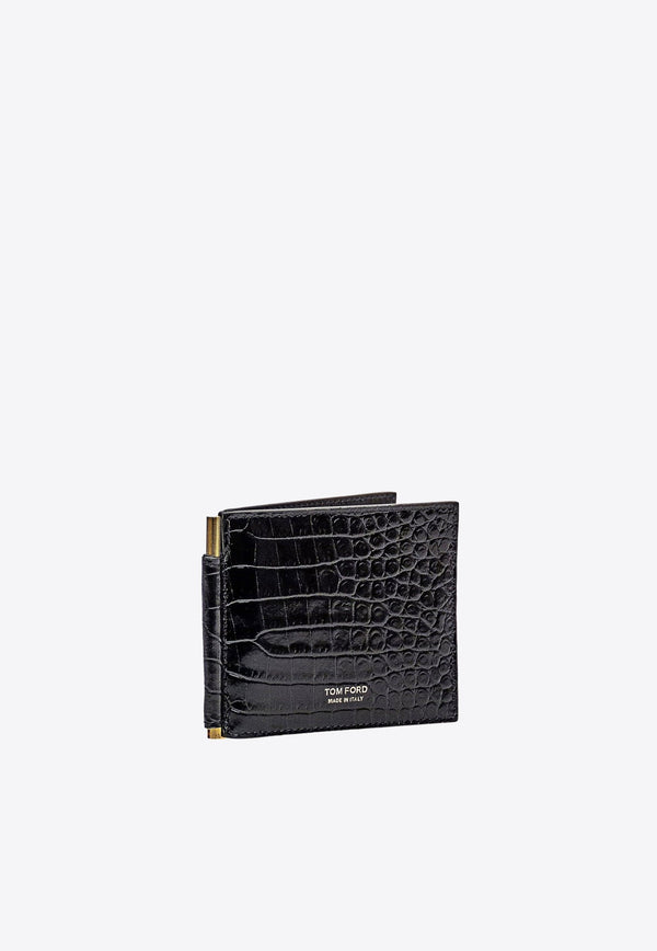 Croc-Embossed Leather Bi-Fold Bill Clip Wallet
