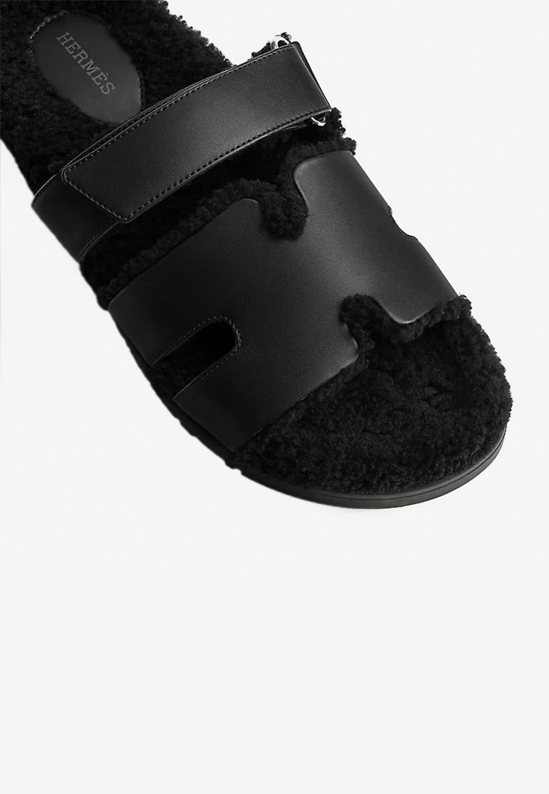 Chypre Sandals in Black Calfskin and Shearling