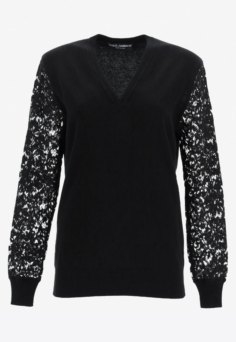 Lace Sleeved V-neck Cashmere Sweater