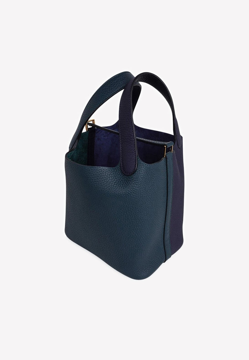 Picotin Lock 18 Tote in Vert Cypress, Blue Nuit and Black Clemence with Gold Hardware