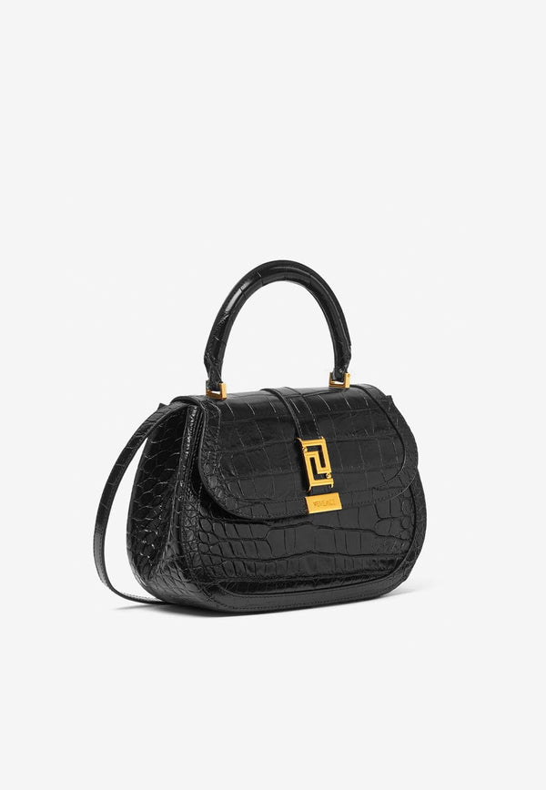 Greca Goddess Top Handle Bag in Croc-Embossed Leather