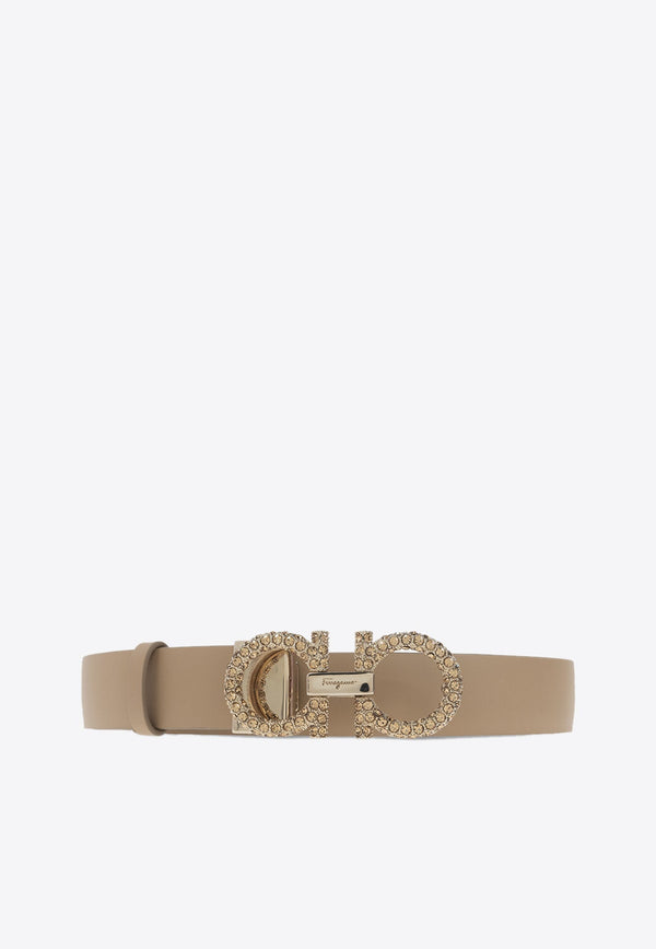 Crystal-Embellished Gancini Leather Belt