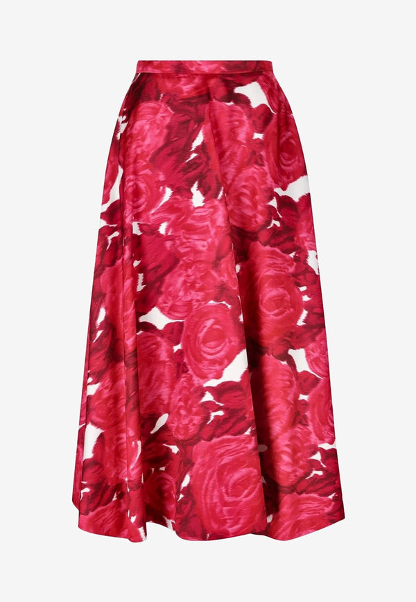 Rose Print Satin Midi Skirt