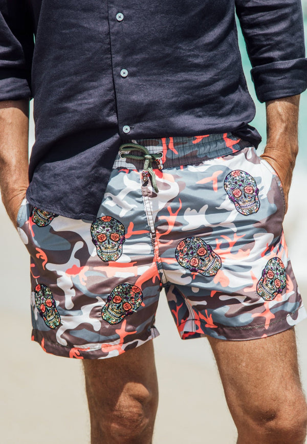All-Over Mexican Heads Camo Swim Shorts in Navy Orange