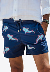 All-Over Shark Embroidery Swim Shorts