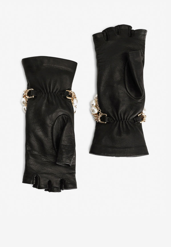 Leather Gloves with Bejeweled Bracelet Embellishment