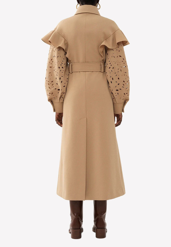 Belted Wool Trench Coat with Ruffle Detail