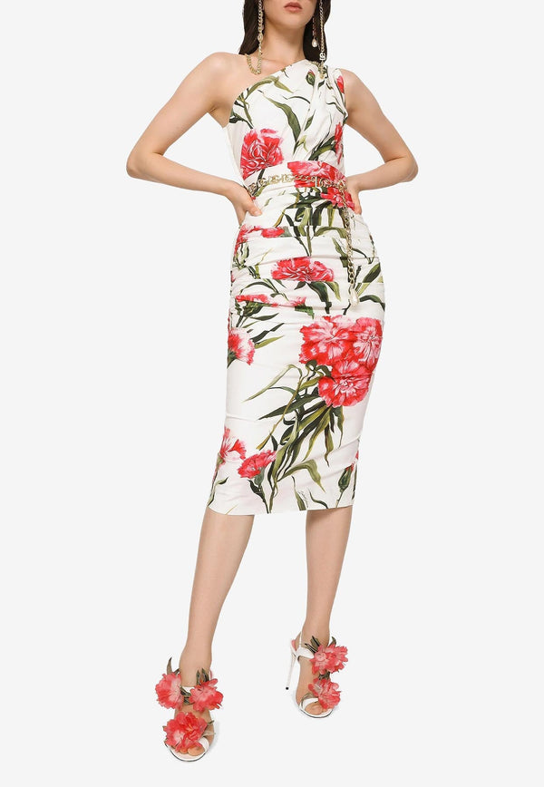 Carnation-Print One-Shoulder Midi Dress