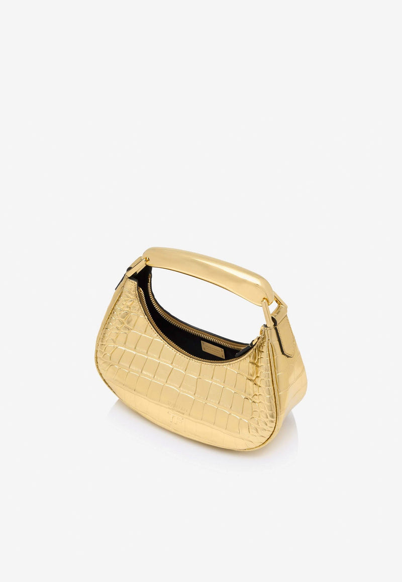 Mini Bianca Metallic Hobo Bag in Croc-Embossed Leather