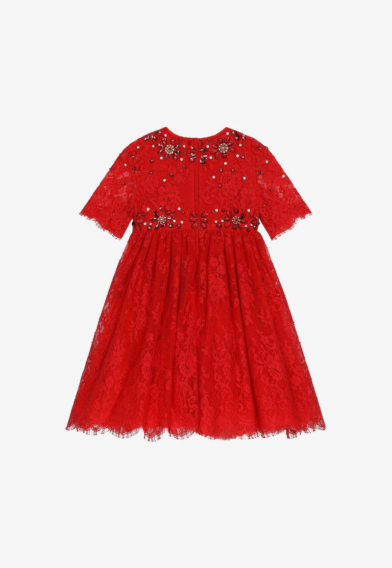 Girls Gemstone-Embellished Lace Dress