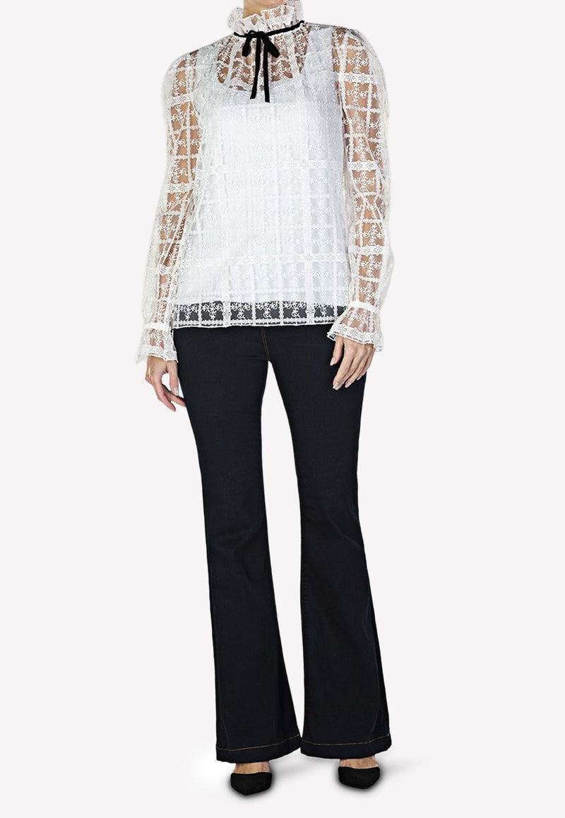 Check Embroidered Blouse with Ruffled High-Neck