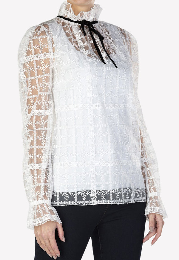 Check Embroidered Blouse with Ruffled High-Neck