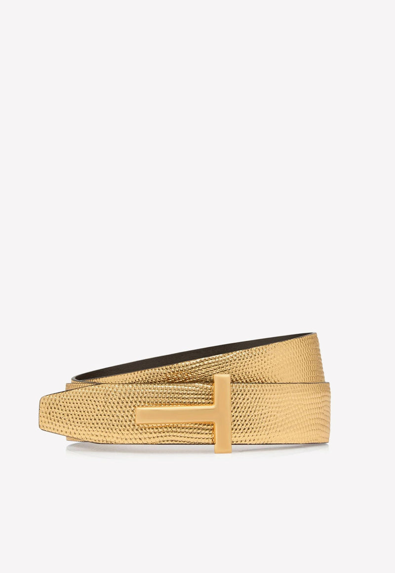 T Buckle Reversible Belt in Metallic Lizard Print